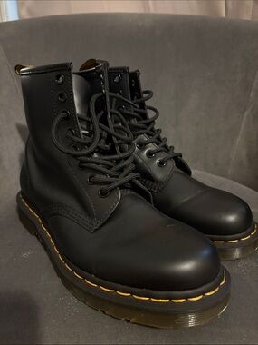 Dr. Martens Black Leather Lace-Up Boots with Yellow Welt Stitching
